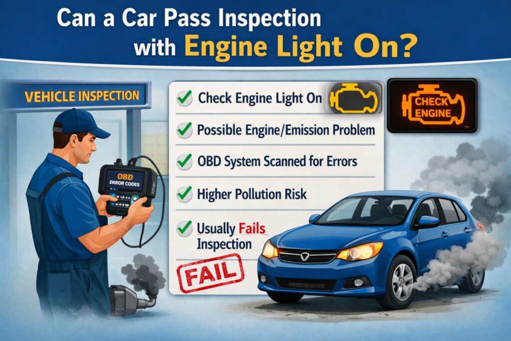 A car undergoing vehicle inspection with the check engine light on, showing an OBD scan and a failed inspection warning.