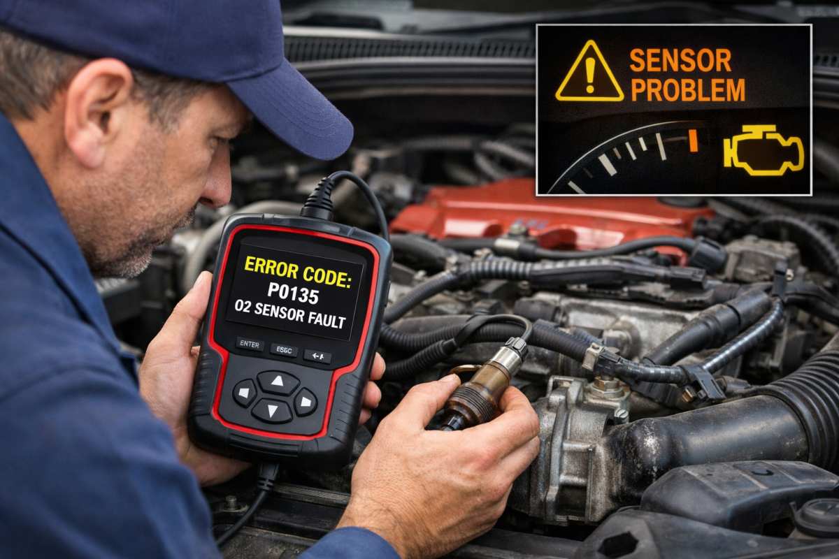 Why Your Engine Overheats When the AC Is On Mechanic diagnosing a car sensor problem using an OBD-II scanner, with check engine warning light visible.
