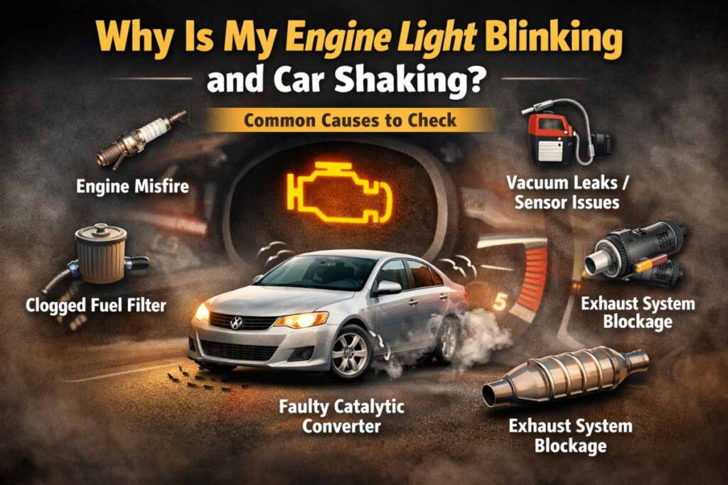 Car dashboard showing a blinking engine light with the vehicle shaking, highlighting common engine problems in the USA