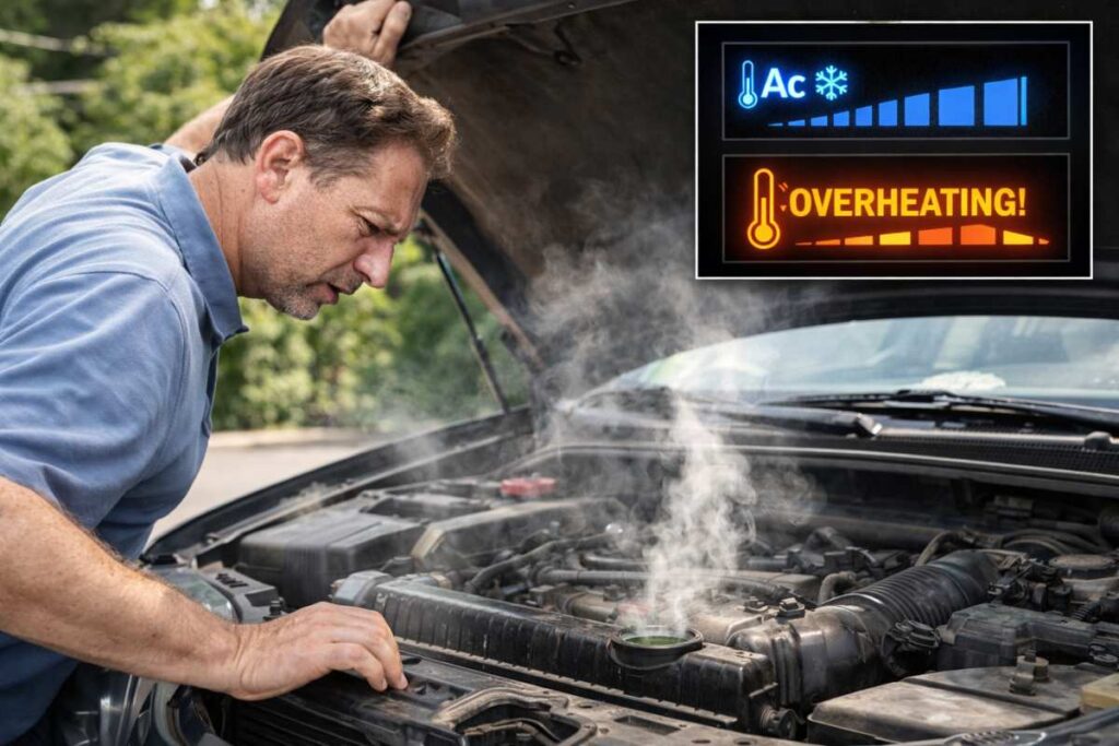 Car engine overheating while air conditioning is on, with steam rising from the radiator and dashboard showing temperature warning light, inspected by a concerned driver.