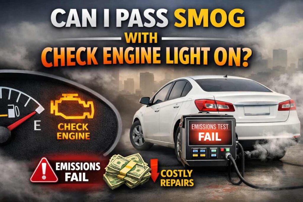 Car dashboard showing check engine light on with emissions testing equipment indicating failure – can I pass smog with check engine light on