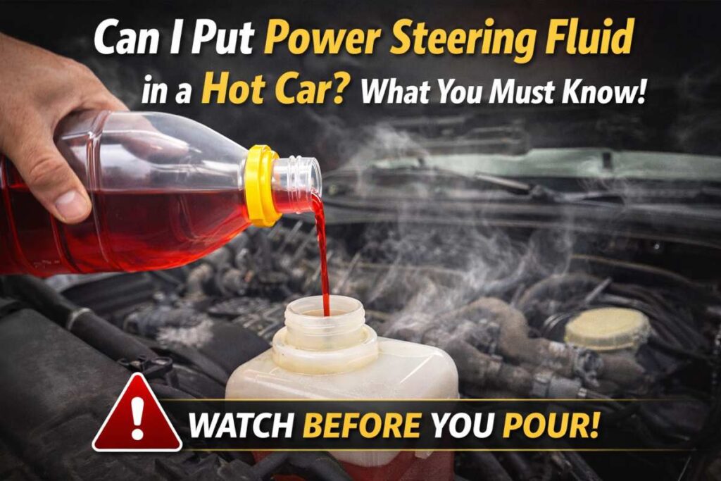 Adding power steering fluid to a hot car engine, showing fluid being poured into the reservoir with steam visible
