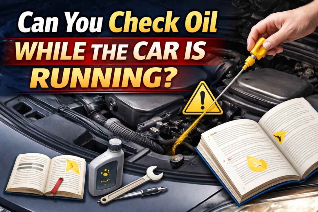 Can you check oil while the car is running? Demonstrating safe methods to check engine oil with dipstick and manual guidance.