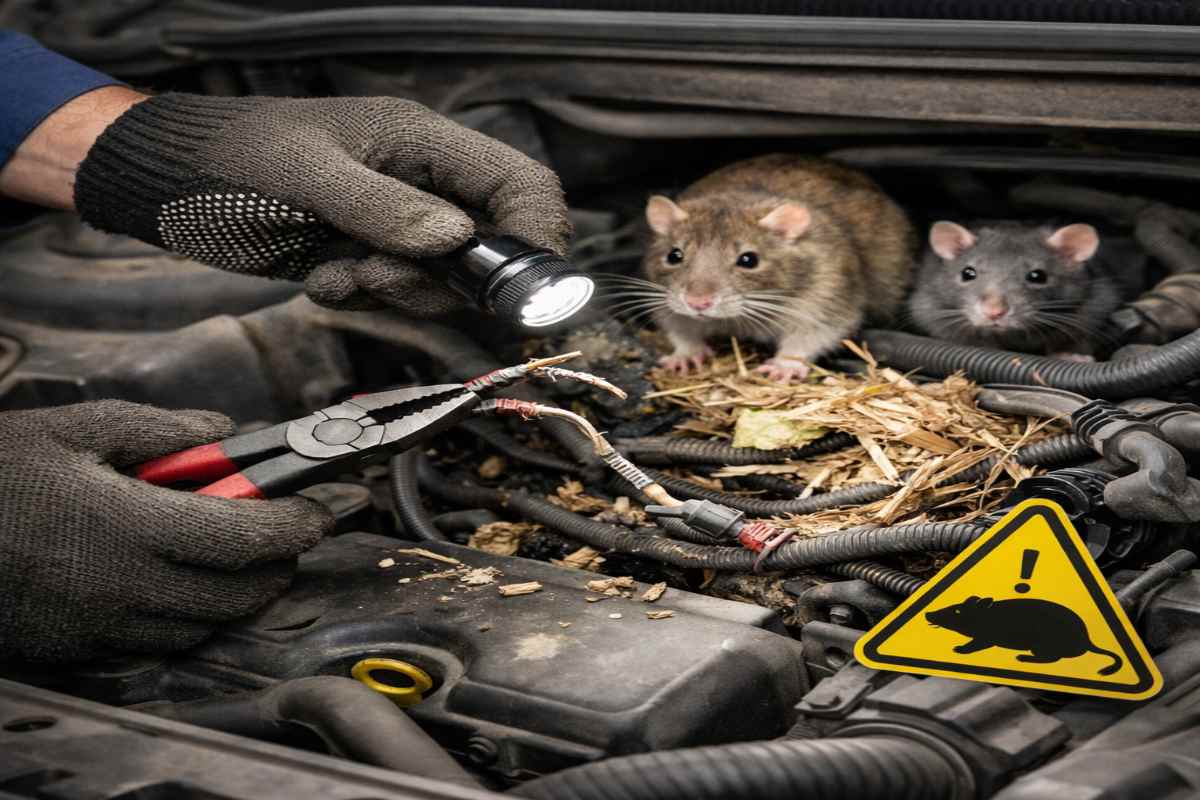 A mechanic inspecting a car engine for rat damage, showing chewed wires, nests, and two rats inside the engine bay.