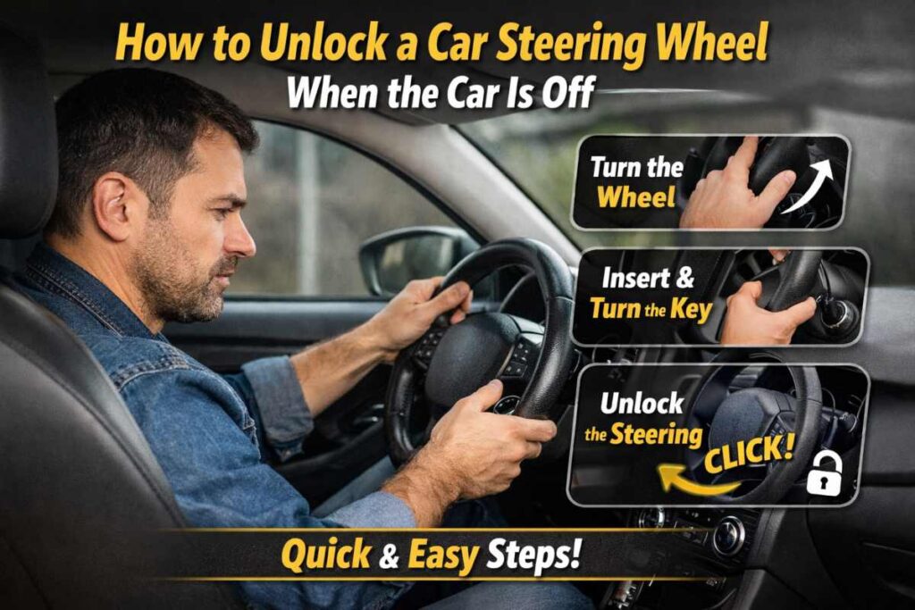 Man demonstrating how to unlock a car steering wheel when the car is off, showing steps to turn the wheel and insert the key