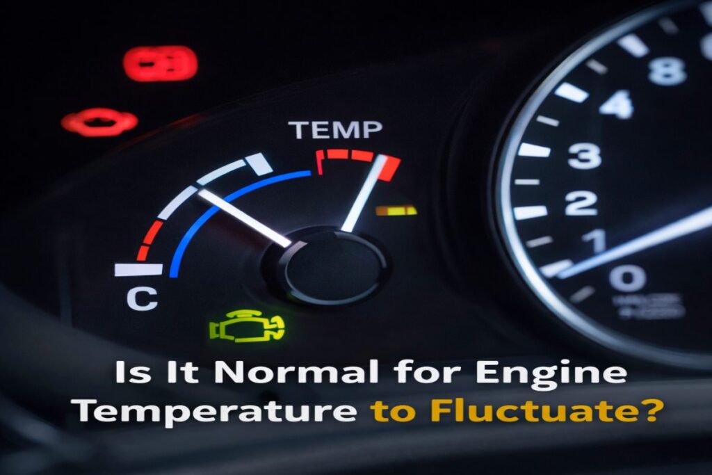 Car dashboard showing fluctuating engine temperature gauge from cold to hot.