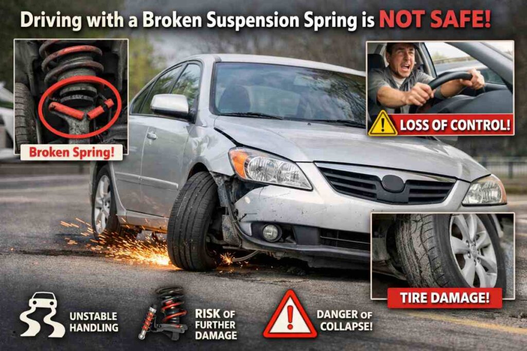 Car with a broken suspension spring, tilting to one side, showing instability and danger of driving