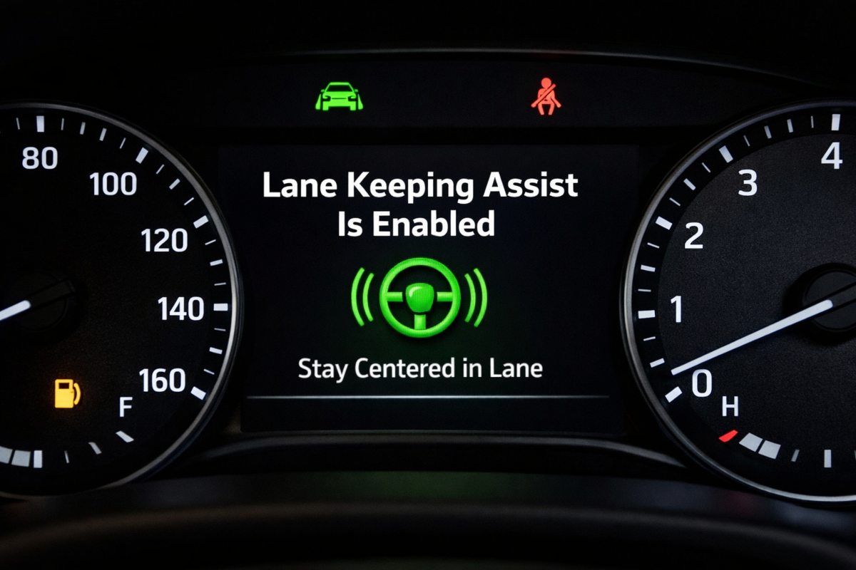 Car dashboard showing “Lane Keeping Assist Is Enabled” alert with green steering wheel icon.