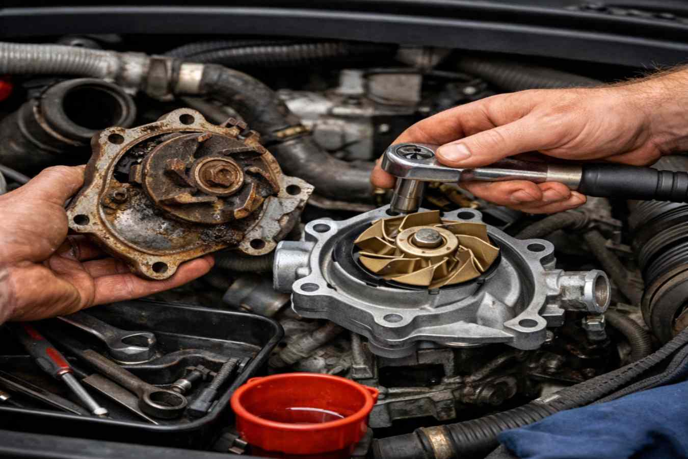 Hands replacing a corroded water pump in a car engine using a ratchet wrench.