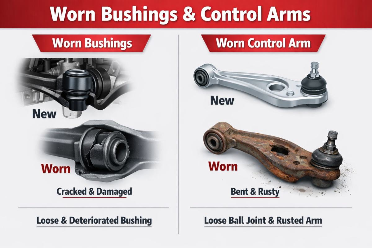 Comparison of new vs worn bushings and control arms in car suspension, showing cracked bushings and rusty control arm affecting steering and vehicle stability.

