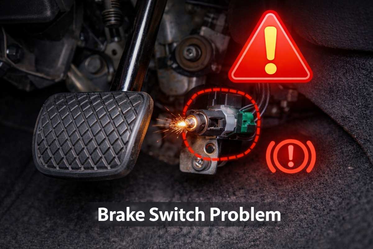 Car brake pedal with malfunctioning brake switch highlighted by warning icons