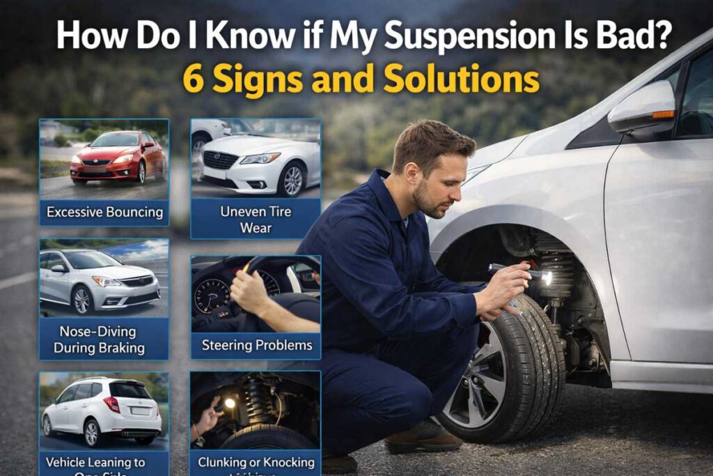 Car suspension inspection showing signs of bad suspension including bouncing and uneven tire wear