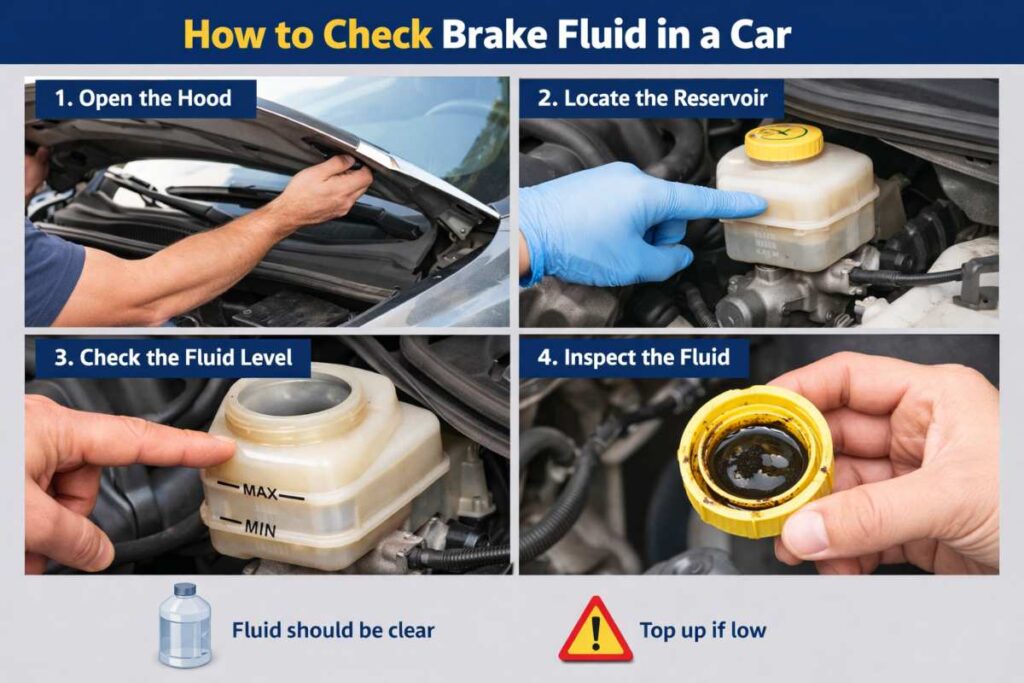Step-by-step illustration showing how to check the brake fluid in a car, including opening the hood, locating the reservoir, checking the fluid level, and inspecting the fluid condition.
