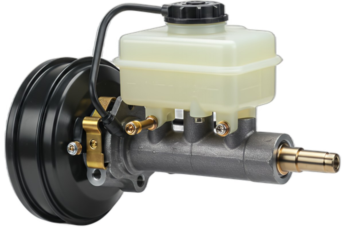 Car master cylinder with brake fluid leak, indicating a malfunction in the braking system