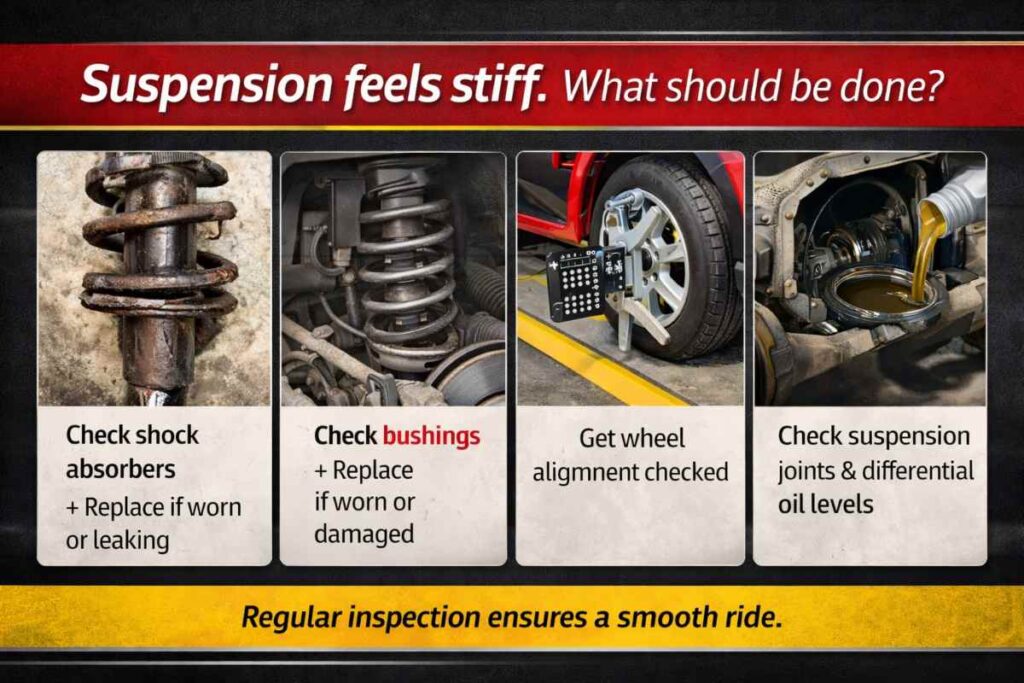 Car suspension appearing stiff, showing worn-out shocks and springs that are not absorbing road bumps properly