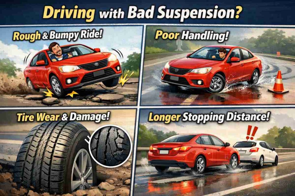 Car with bad suspension driving over a bumpy road, tires uneven, car tilting, shocks bouncing, indicating rough ride and poor braking