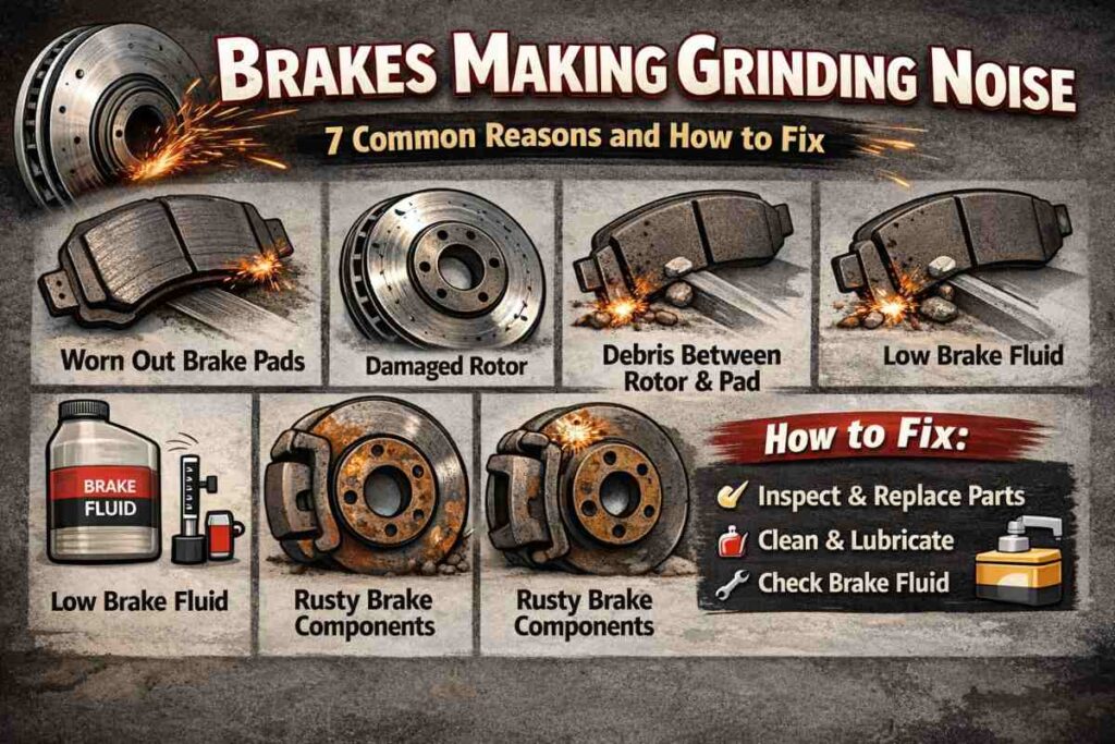 Car braking system highlighting 7 common causes of grinding noises including worn pads, damaged rotors, debris, rust, worn calipers, low-quality pads, and brake pad wear indicator